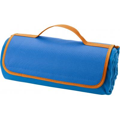 Image of Fleece picnic blanket with waterproof PEVA underside and sponge filling. When folded up the blanket has an easy carry handle.